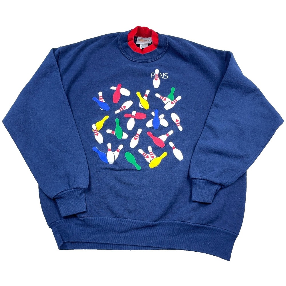 Vintage Bowling Pins Sweatshirt Women XL Blue Crewneck Sweater 90s Y2K